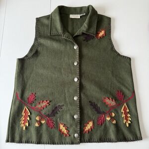 Lemon Grass Women's 18W 80% Wool Green Fall Vest With Fall Leaves Cottage Core